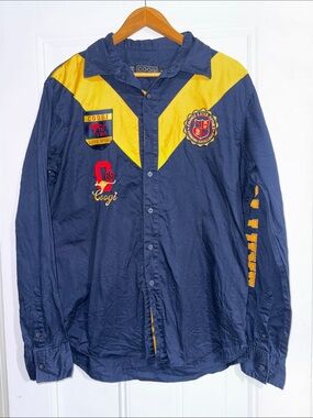 Coogi Luxe Sport‎ Mens XL Navy Blue Yellow Embroidered Button Down Shirt Vintage